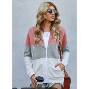 Colorblock Zip-Up Hoodie XXL Pink/Gray/White w Drawstring Hood and Pockets